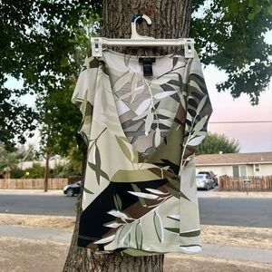 BCBG Vintage Retro Olive Green Mixed Colors Leaf Pattern Blouse